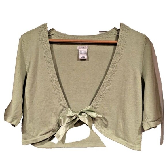 Old Navy Tiny‎ fit Cardigan Sweater Beaded Spring Green Ribbon Tie Shrug Sz L - Picture 1 of 6